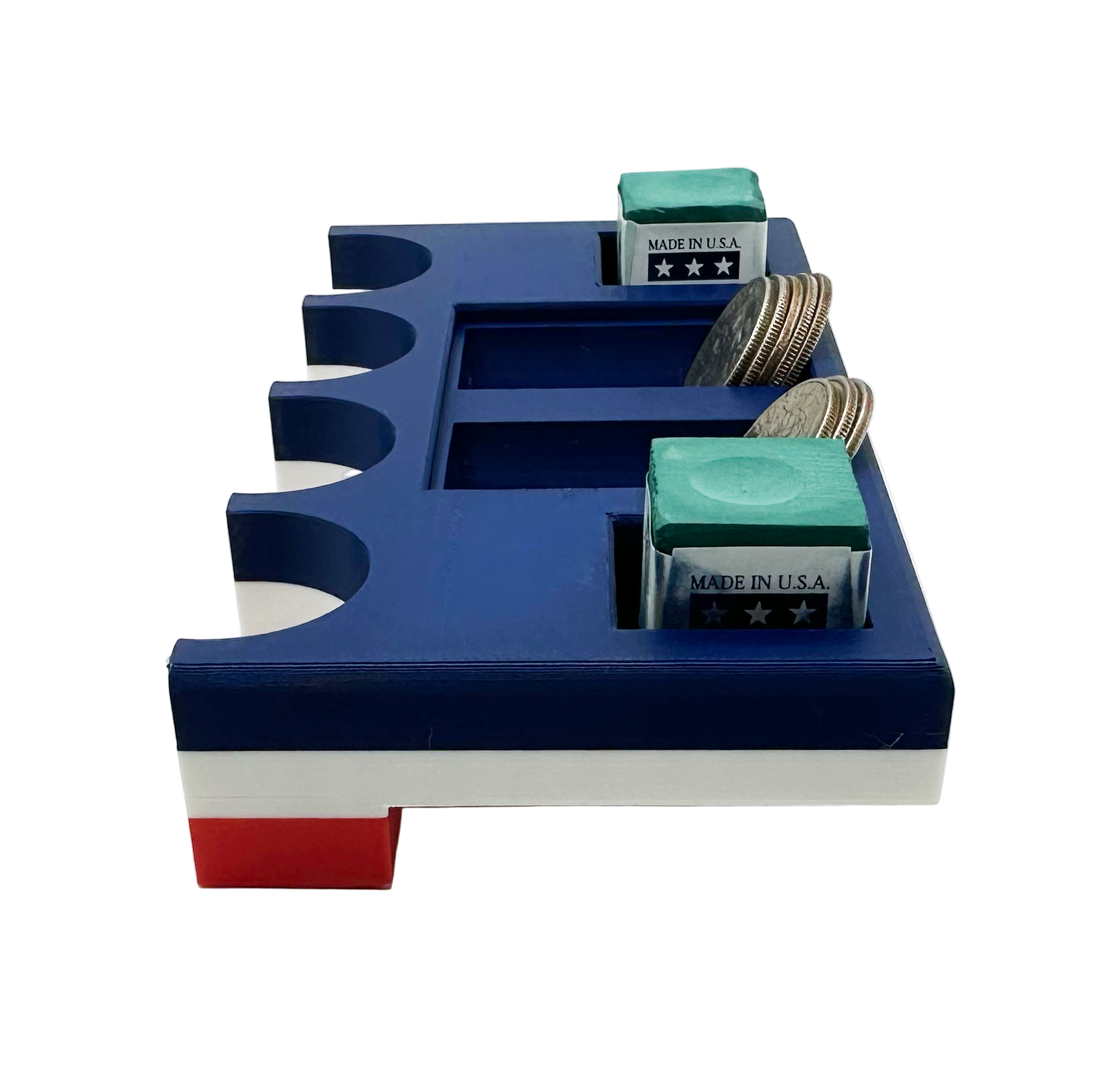 Side view of table top pool stick holder with american flag design with chalk and quarter holders