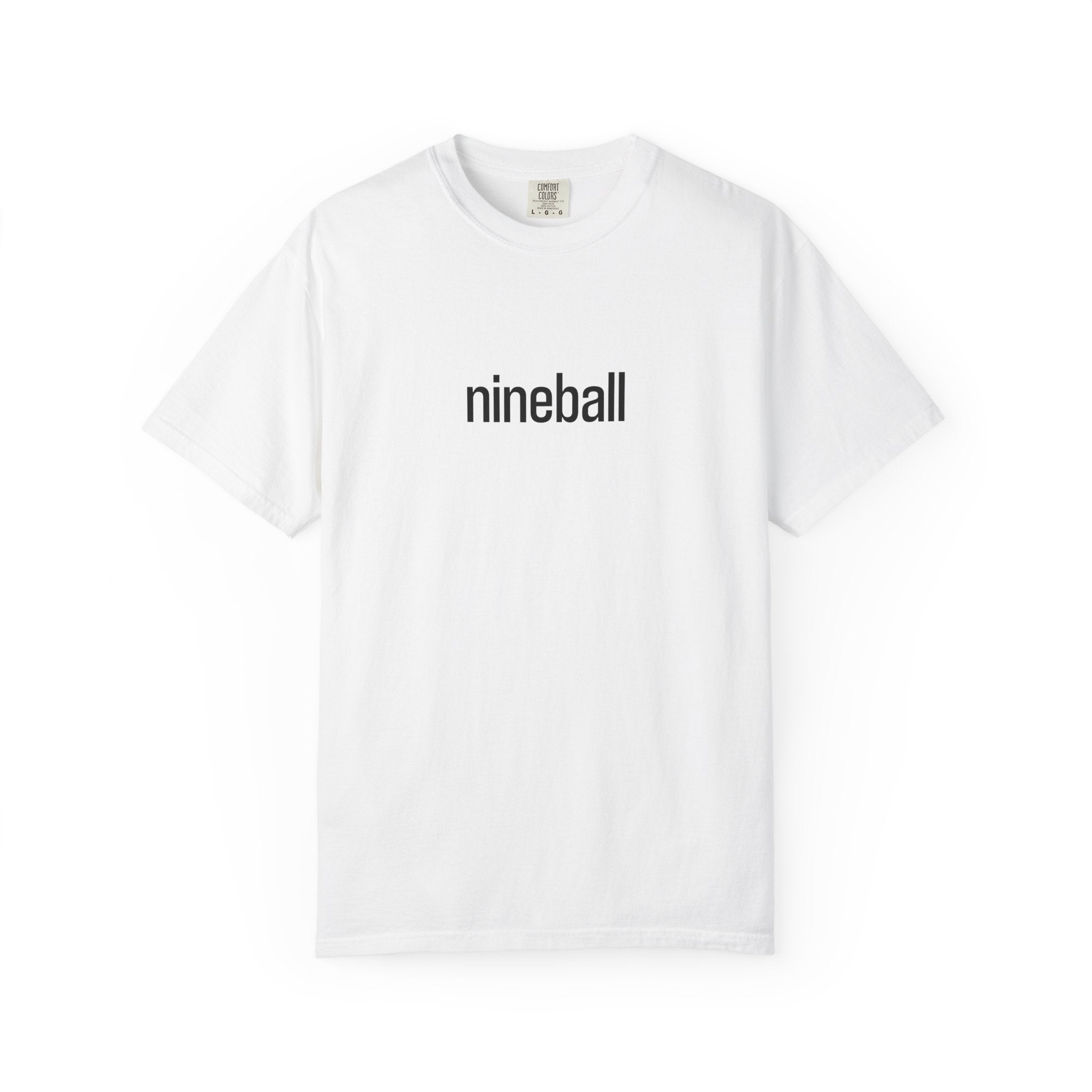 White t-shirt with 'nineball' logo on a white background