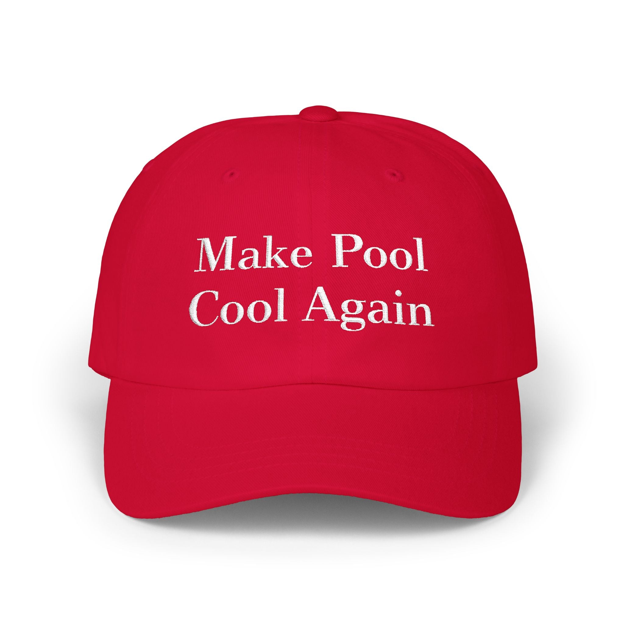 Red cap with 'Make Pool Cool Again' text on a white background