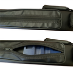 American flag pool cue holder with four cue slots, chalk storage, and quarter compartments, compact design fits inside a cue stick bag.