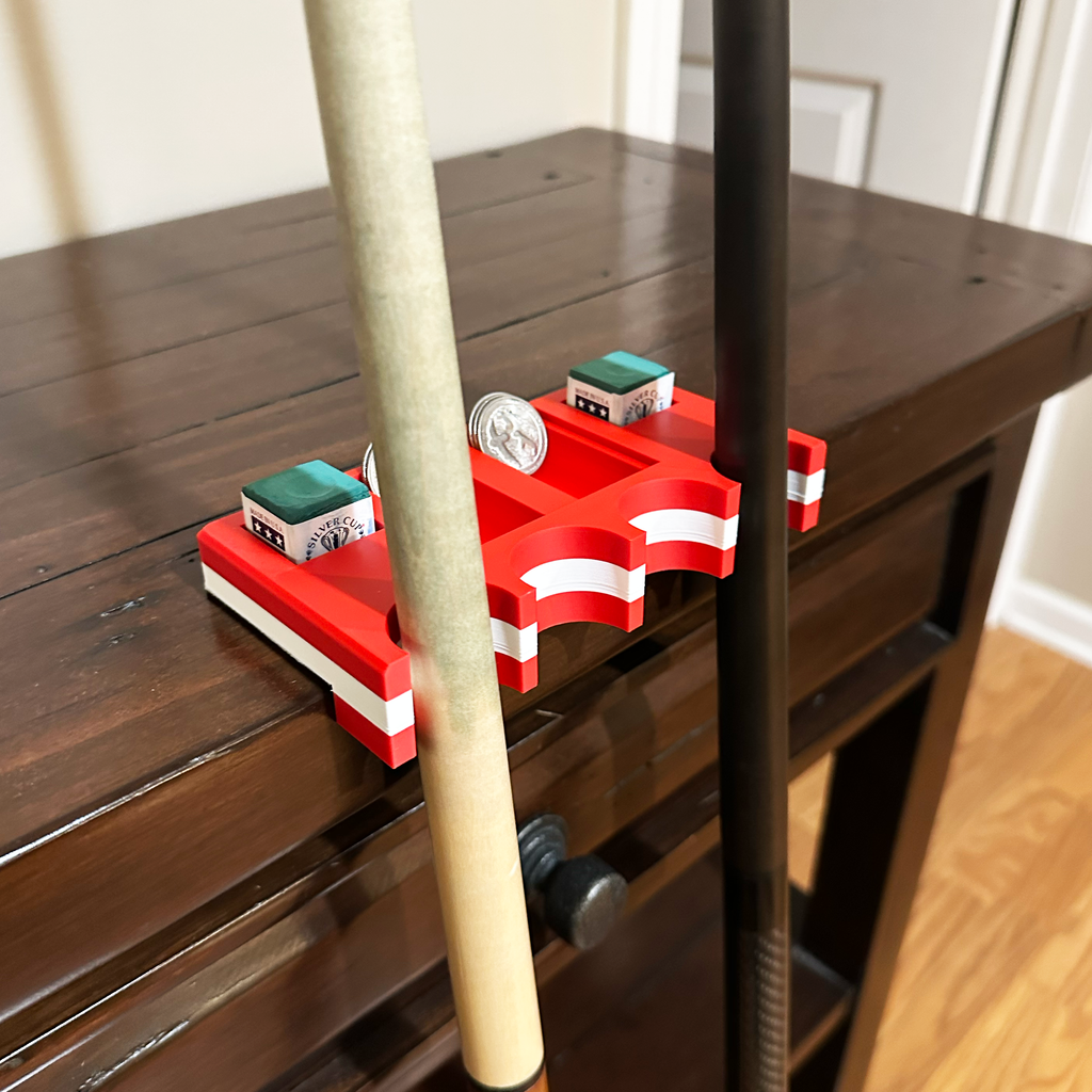 Canadian flag cuezy cue holder with coins and chalk with two pool cues