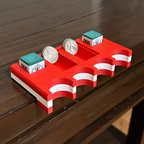 Canadian flag cuezy cue holder with coins and chalk on a table