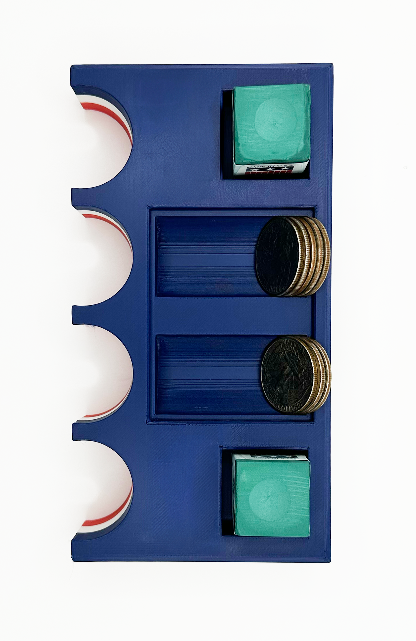 Top view of patriotic american flag billiard cue stick holder with chalk and quarter compartments.