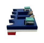 Side view of table top pool stick holder with american flag design with chalk and quarter holders