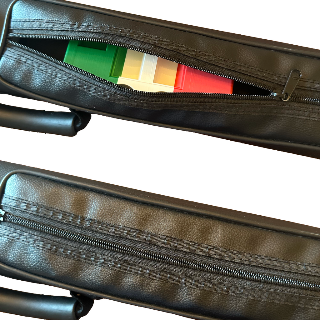 Mexican Flag Cuezy Pool Cue Holder inside of a pool cue carrying case.
