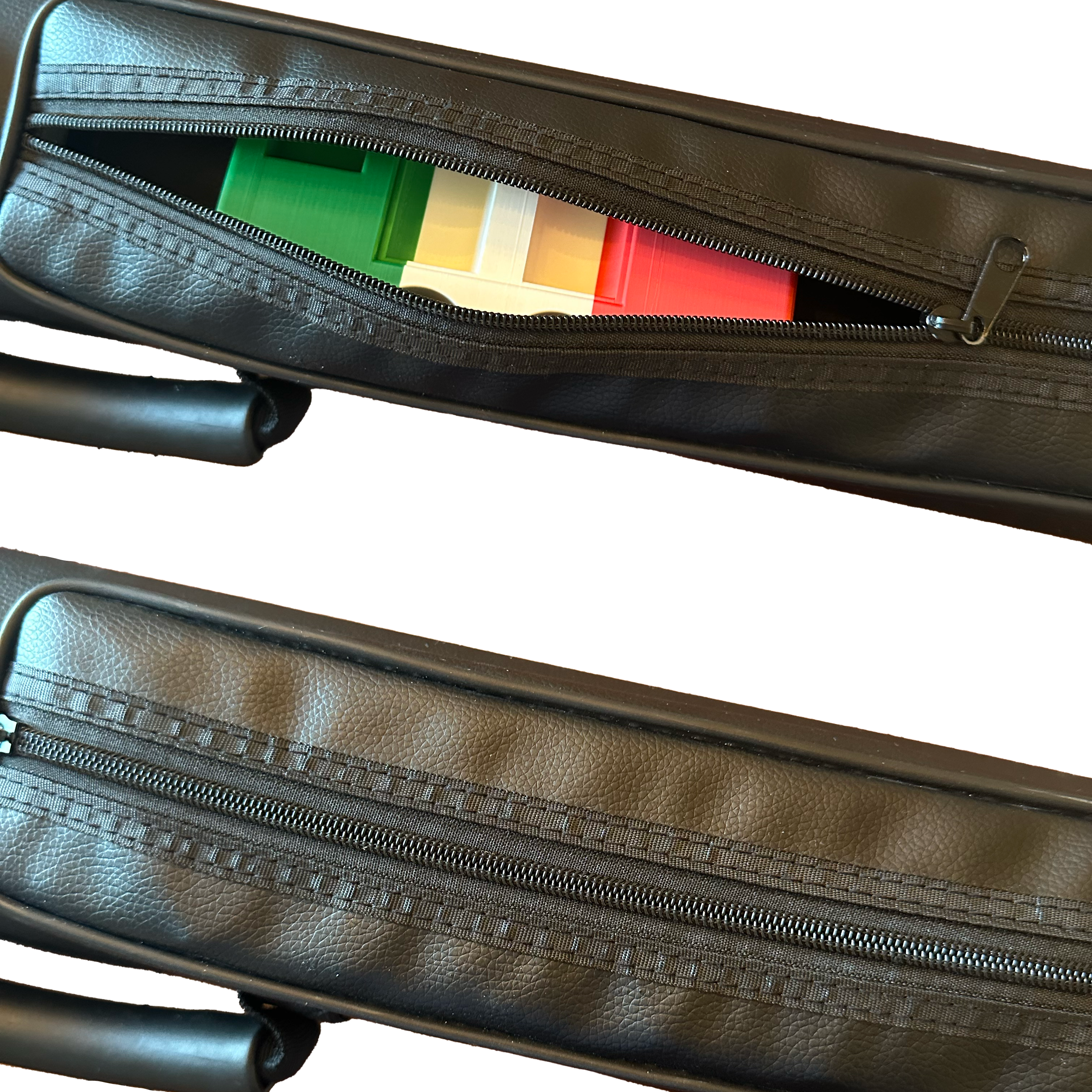 Mexican Flag Cuezy Pool Cue Holder inside of a pool cue carrying case.