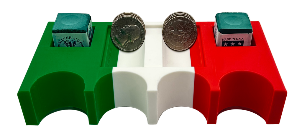 Close-up of Mexican flag cue holder showing chalk storage and quarter slots.