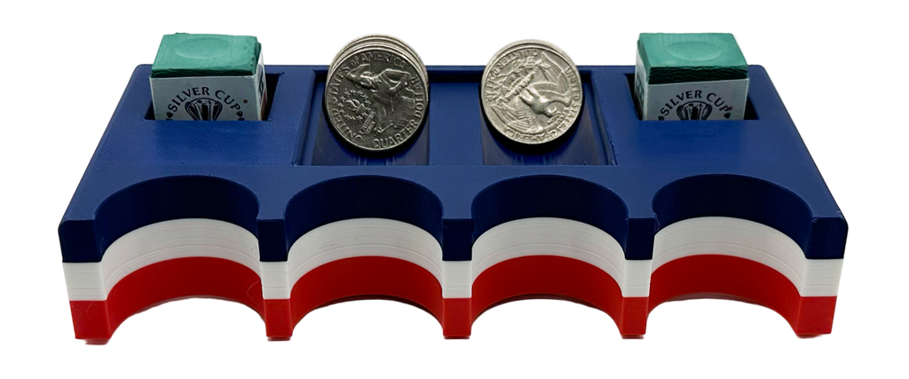 Close-up of American flag Cuezy cue holder showing chalk storage and quarter slots, portable size fits in most cue stick cases.