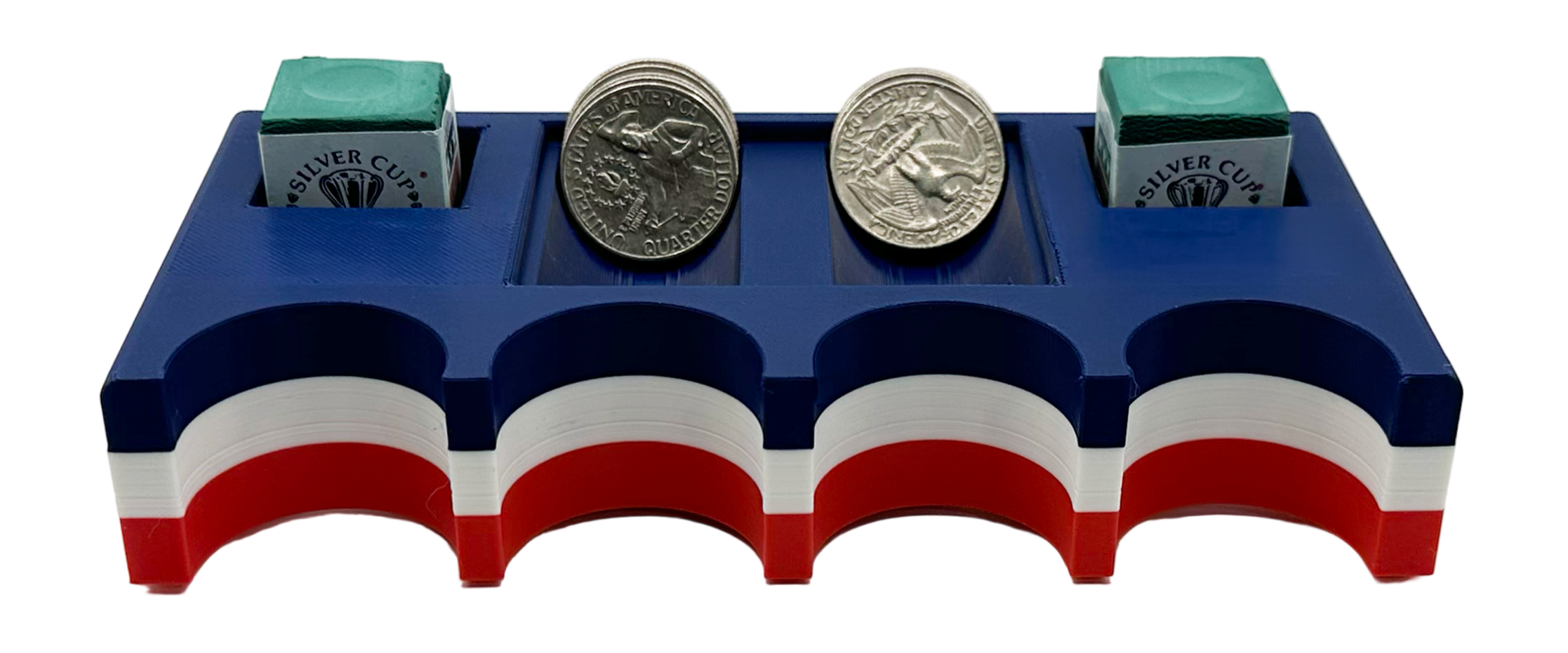 Close-up of American flag Cuezy cue holder showing chalk storage and quarter slots, portable size fits in most cue stick cases.