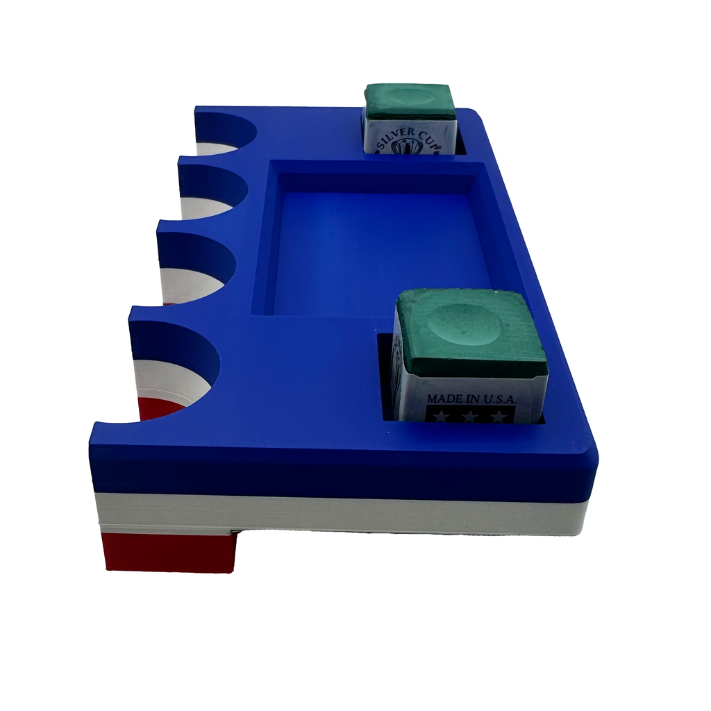 American Flag Pool Cue Holder with Tray – Catch-All Organizer for Chalk, Shapers, and Accessories