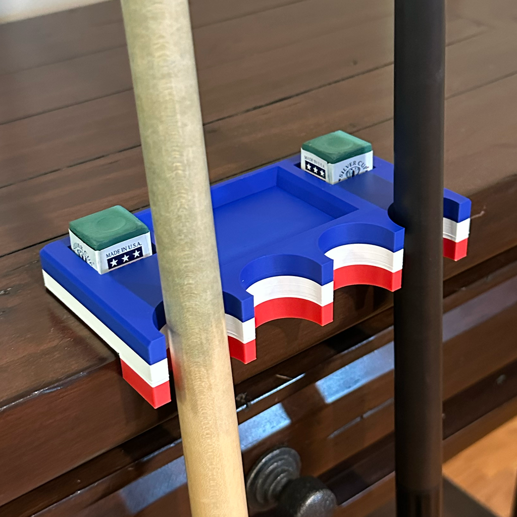 American Flag Pool Cue Holder with Tray – Catch-All Organizer for Chalk, Shapers, and Accessories